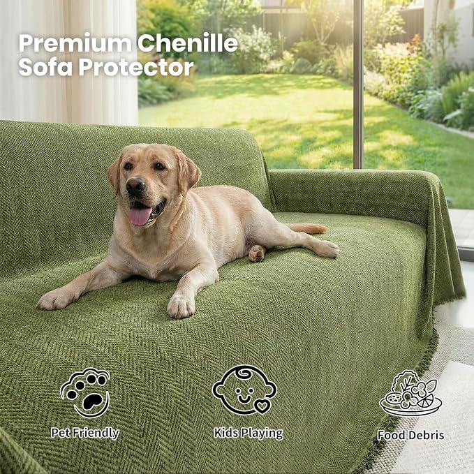 Chenille Couch Cover for Sofa Non Slip Cover Washable Pet Scratch Couch Covers Tassel Sofa Slipcover for 3 Cushion Couch Furniture Protector Blanket for Living Room,Green 71"x134"