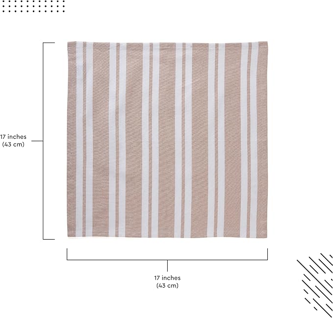 Encasa XO Cotton Cloth Napkins Set of 6, 17"x17" | Washable & Reusable Dinner Napkins Franca Beige Stripes Table Napkins for Farmhouse, Wedding, Holiday, Party & Everyday Dining