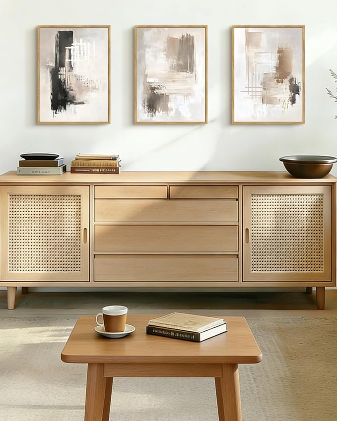 PHOPAGO Modern Abstract Framed Wall Art Mid Century Minimalist Beige Pastel Neutral Wall Decor for Kitchen Hallway - 12x16in Natural Framed