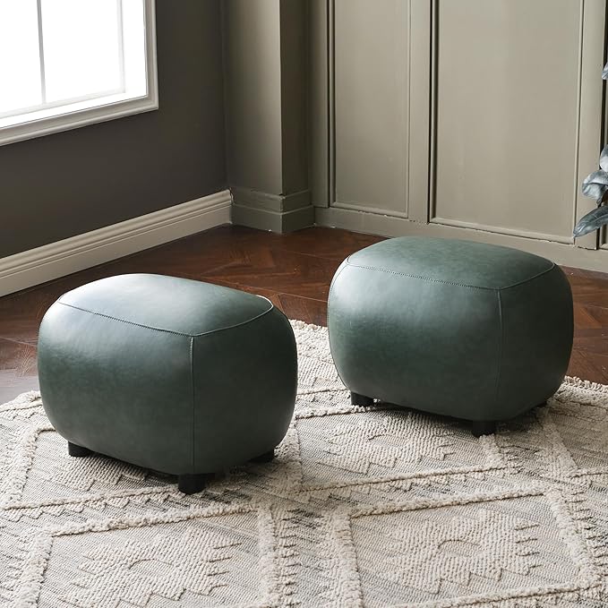 KINWELL 23" Wide Faux Leather Upholstered Ottoman Set of 2, Mid-Century Modern Living Room Footrest with Soft Padded Seat, Footstool for Bedroom, Entryway or Living Room, Green