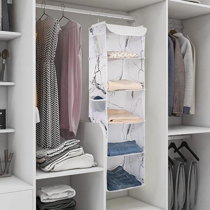 BrilliantJo 5 Shelves Hanging Closet Organizer, 2 Pack Hanging Storage with 6 Side Pockets for Clothes Shoes, 43"x12"x12"(Marblizing)