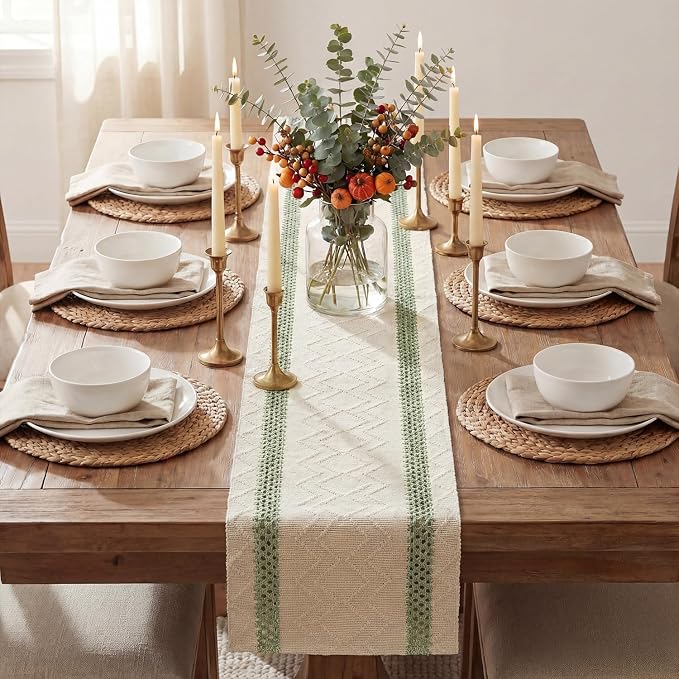 Artoid Mode Sage Green Stripe Woven Table Runner, Seasonal Holiday Hollow Kitchen Dining Table Decoration for Home Party Decor 12x108 Inch
