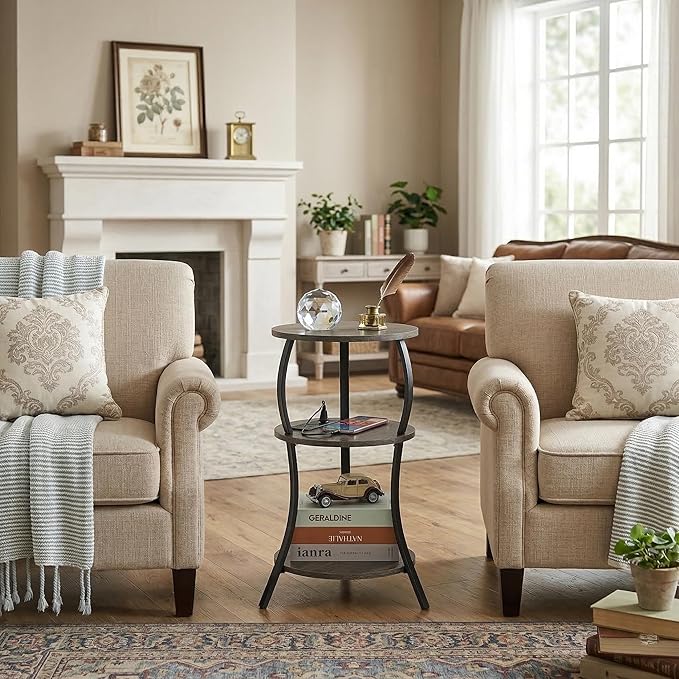 Small Round Side Table with Charging Station, 3-Tier Waist Circular End Table with Storage Shelf, Compact Tea Sofa Side Table Small Spaces, Round Corner Coffee Table for Living Room Bedroon,Grey