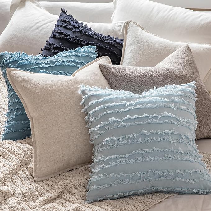 MIULEE Set of 2 Decorative Boho Throw Pillow Covers Linen Striped Jacquard Pattern Cushion Covers for Sofa Couch Living Room Bedroom 16x16 Inch Navy Blue