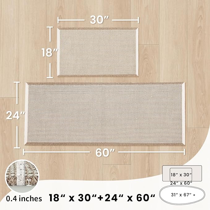 Bathroom Runner Rug Set 2 Piece - Long Waffle Bath Mat for Double Sink, Washable Bathroom Mats Non Slip Absorbent Boho Decor, 18x30 & 24x60, Khaki and White