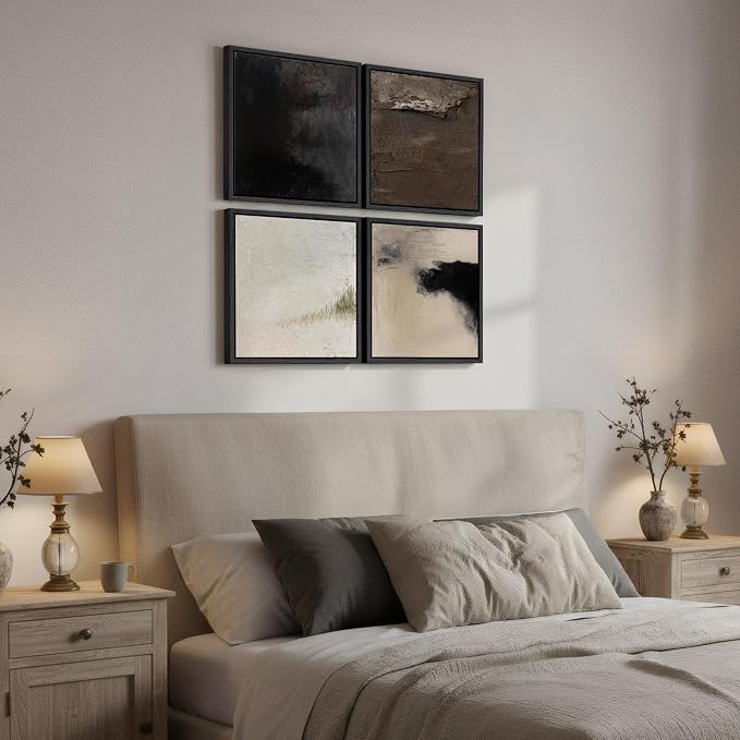 Framed Neutral Abstract Wall Art, 4 Piece Modern Minimalist Brown Black Beige Canvas Prints Artwork for Walls, Contemporary Square Earth Tone Wall Decor for Living Room Bedroom Office Entryway, 12x12