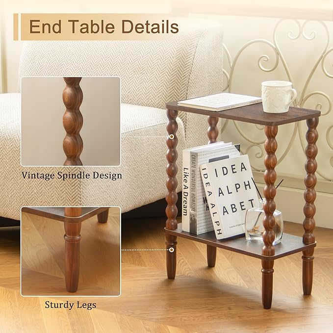 Fultyle Small Narrow End Table, Narrow Side Table Living Room with Storage, 2-Tier Wood Accent Table Slim Nightstand for Small Spaces, Office, Bedroom (Rustic Brown)