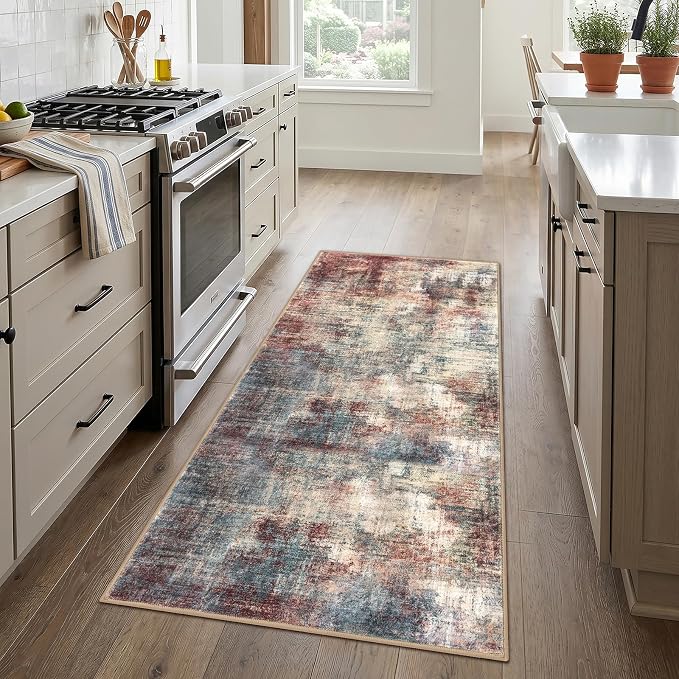 IOHOUZE Abstract Runner Rug 3x6 Ft Washable Runners for Hallways, Non Slip Kitchen Runner Printed Faux Wool Entryway Runner Indoor, Modern Abstract Floor Carpet for Hall Kitchen Bedroom, Red/Multi