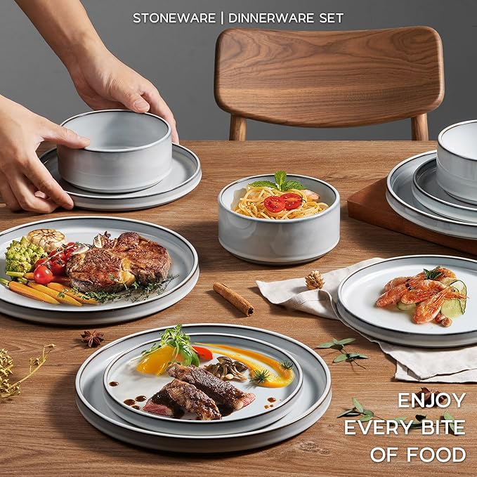 Onader Dinnerware Dishes Sets for 8, Stoneware Plates and Bowls with Unglazed Terracotta Bottom, Ceramic Kitchen Dinner Dish Set, 24 Piece - Glacier White