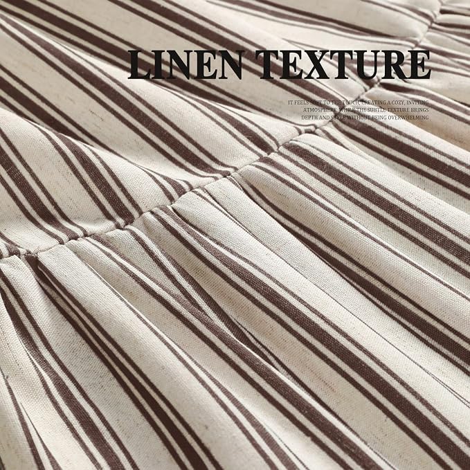 Farmhouse Shower Curtain with Ruffle Hem Linen Shower Curtains for Bathroom Country Vintage Rustic Natural Fabric, Cream-Brown Stripe 48" W x 72" L