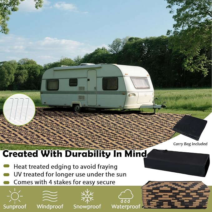 SAND MINE Reversible Mats, Plastic Straw Rug, Modern Area Rug, Large Floor Mat and Rug for Outdoors, RV, Patio, Backyard, Deck, Picnic, Beach, Trailer, Camping, Black & Brown, 10' x 20'