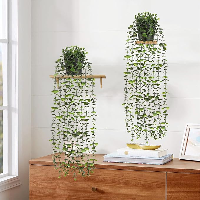 Waipfaru 2Pcs Fake Hanging Plants with Pot, Artificial Potted Faux Eucalyptus Plants Fake Vines Ivy Artificial Plants Outdoor Faux Plants Indoor Bedroom Living Room Boho Wall Porch Shelf Decor