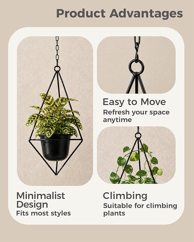 Bamworld Black Hanging Planters for Indoor Outdoor Plants Metal Hanging Pots for Plants 5 Inch Modern Hanging Basket Window Plant Hanger Ceiling Hanging Flower Pot with Chain for Wall Decor (Diamond)