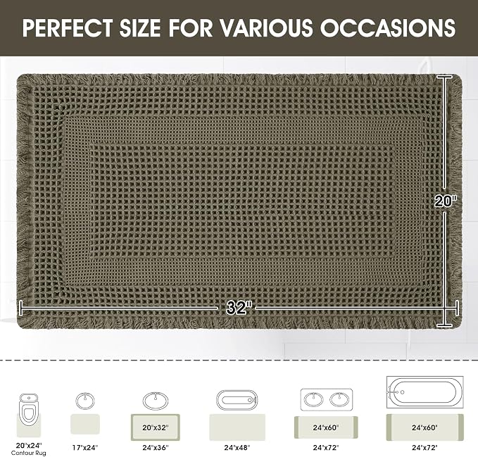 Upgraded Waffle Bath Mat, 32"x20" Greyish Green-Looped, Super Absorbent Non-Slip Quick Dry Bathroom Rugs with Tassels, Machine Washable Ultra Soft Boho Bath Rugs, Toilet Mats Boho Farmhouse Decor