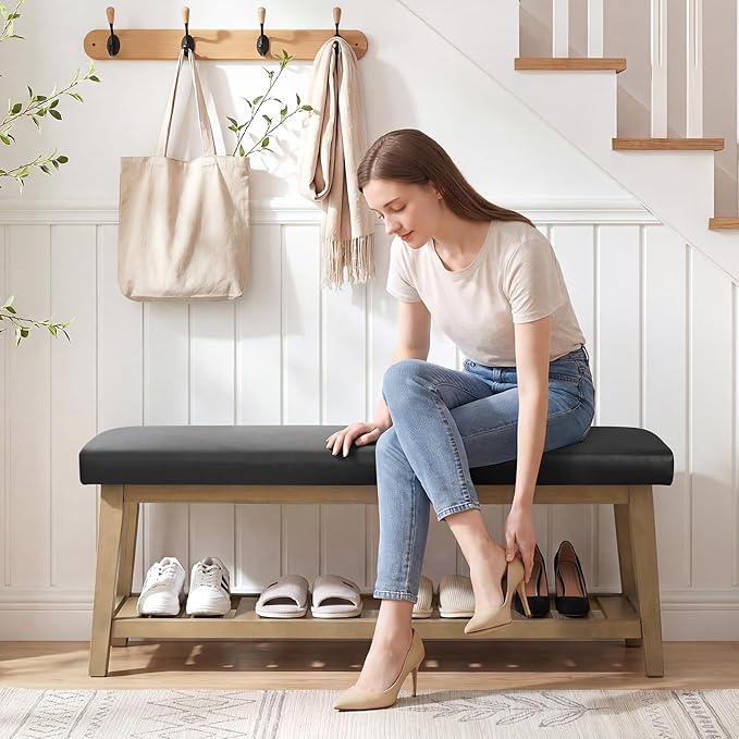 Entryway Bench with Cushion, Upholstered Shoe Rack Bench with Solid Wood Shelf, 44" End of Bed Bench for Bedroom, Chenille Fabric Storage Bench for Entryway, Hallway, Living Room (PU-Black)