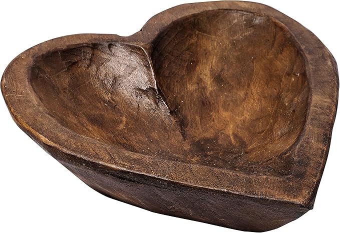 MAINEVENT Decorative Bowl Home Decor Approx 10.5x12 Inch, Spanish Oak Wooden Dough Bowl, Wood Dining Room Table Centerpiece Heart Shaped Made in USA