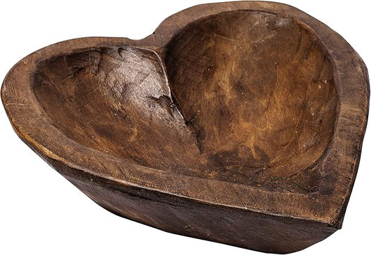 MAINEVENT Decorative Bowl Home Decor Approx 10.5x12 Inch, Spanish Oak Wooden Dough Bowl, Wood Dining Room Table Centerpiece Heart Shaped Made in USA