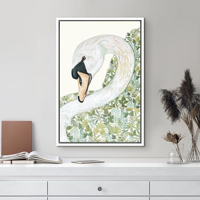 MUDECOR Framed Canvas Print Wall Art Majestic Swan Illustration Green and White Animal Minimalist Illustrations Digital Art Decorative Bohemian Contemporary for Bedroom - 16"x24" White