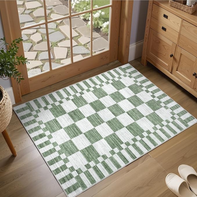 GarveeHome Sage Green Checkered Rug 2x4 Washable Rug Non-Slip for Entryway, Soft Low-Pile Small Area Rugs,Neutral Modern Geometric Rugs for Kitchen