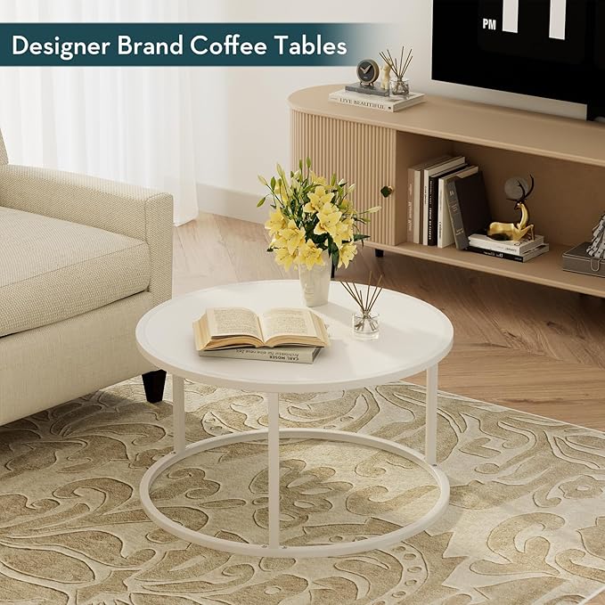 SAYGOER Small Round Coffee Table, White Coffee Tables for Living Room, Modern Center Table for Small Space Home Office Gardern, 27.6 × 27.6 × 17.7inch, White