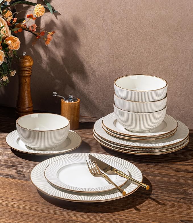 GBHOME Ceramic Dinnerware Sets,16 pcs Embossed Elegant Stoneware Plates and Bowls Sets, Housewarming Wedding Gift | Dishwasher & Microwave Safe | Dishes Set Service for 4