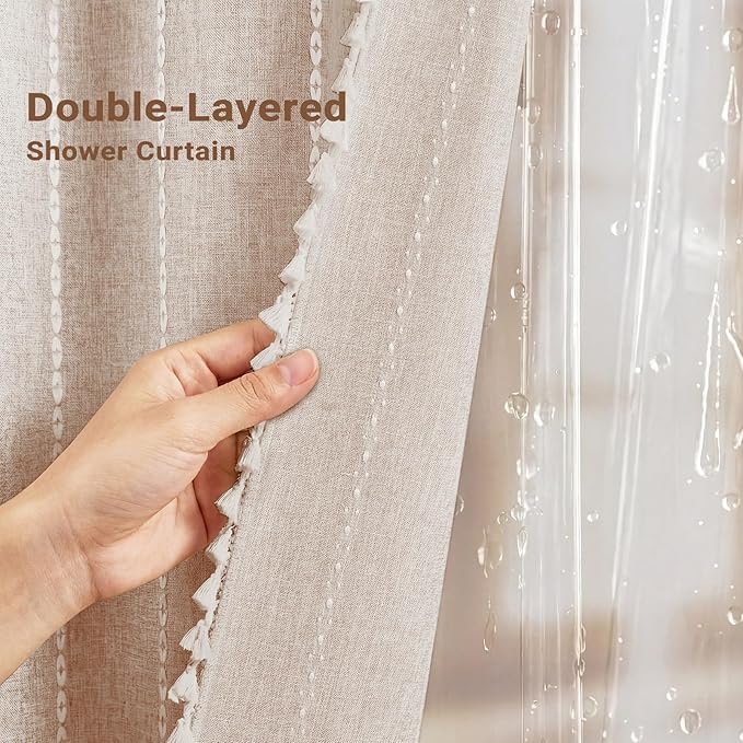 BTTN 3 in 1 Shower Curtain with Liner, 80 Inch Long Boho Linen Striped Cloth Shower Curtain Set with Hook, Large Modern Farmhouse Bohemian Waterproof Fabric Shower Curtain for Bathroom, Taupe, 72x80