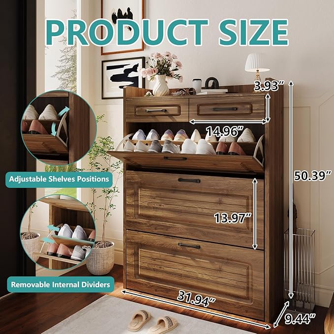 Shoe Cabinet with 3 Large Flip Drawers and 2 Storage Drawers, Narrow Shoe Organizer Cabinet Fits for Kinds of Shoes, Slim Shoe Storage Cabinet for Entryway, Hallway, Walnut