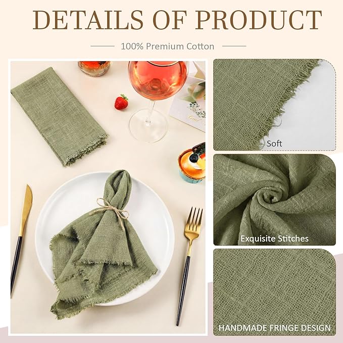 Preboun 24 Pcs Fringe Napkins Bulk Cloth Cotton Soft 17 x 17 Inch Rustic Reusable Washable Festive Square Table Napkins with Fringe for Parties Wedding Restaurant Table Accessory (Olive Green)