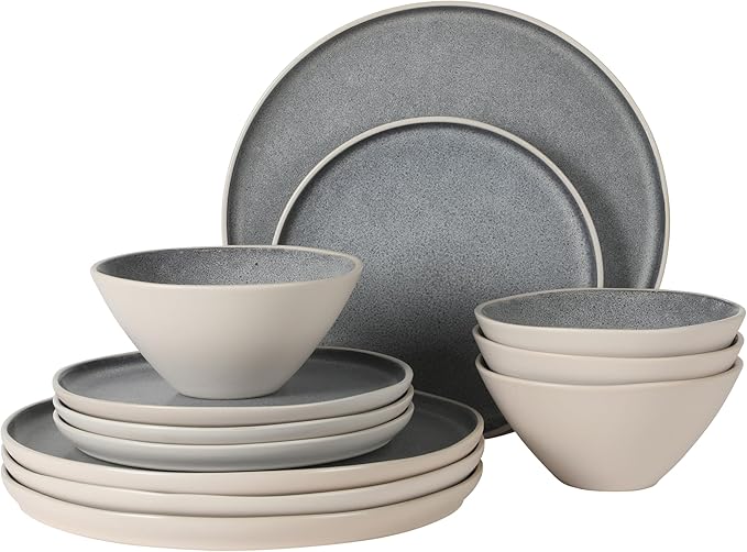 Gibson Elite Coastal Forest Plates and Bowls Sets, 12-Piece Stoneware Dinnerware Sets, Triple Reactive Glaze Dish Set - Grey and Cream White
