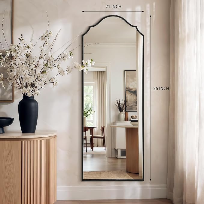 Besdomus Scalloped Full Length Mirror: 21"x56" Black Arched Floor Mirror - Minimalist Modern Wooden Frame Long Body Standing for Wall/Bedroom/Cloakroom/Entryway/Living Room - Home Decor for Housewife