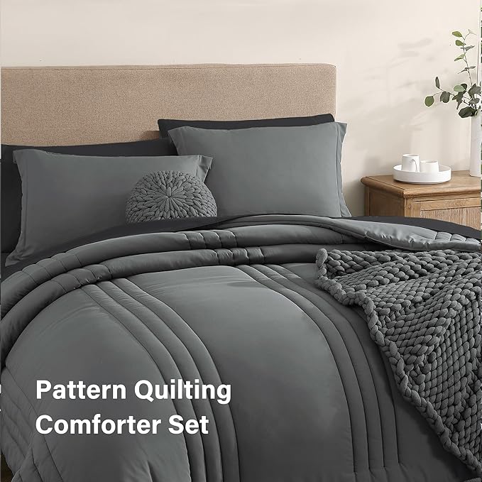 Monbix California King Size Comforter Set - 7 Pieces Bed in a Bag California King, Grey Bedding Sets with Comforter, All Seasons Comforter Bed Set with Sheets, Pillowcases & Shams