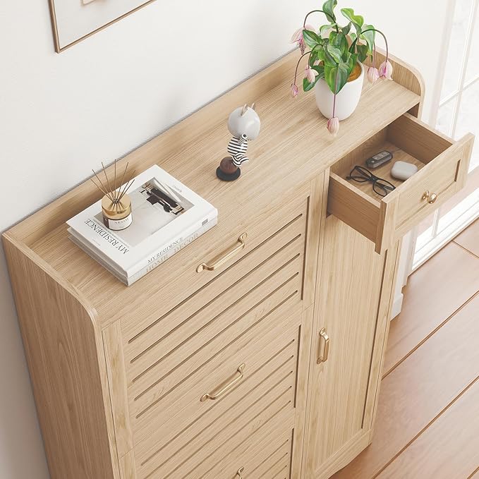Narrow Shoe Cabinet Storage for Entryway, Hidden Shoe Rack Cabinet with Doors, 3 Flip Drawers & Adjustable Shelves, Thin Freestanding Boot Storage Closet Organizer, Ventilated Wood Design, Natural Oak