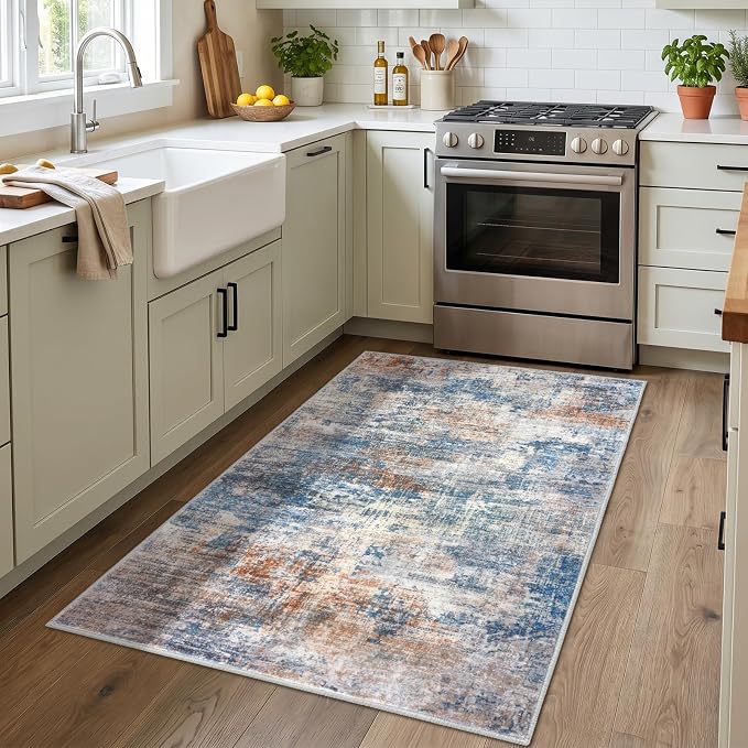 IOHOUZE Abstract Area Rug 3x4 Ft Washable Rugs for Entryway Indoor, Non Slip Kitchen Rug Printed Faux Wool Throw Rugs, Indoor Door Mat for Door Entrance Foyer Living Room, Blue Rust