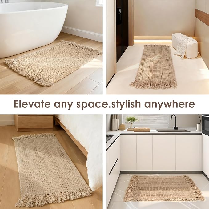 Waffle Bath Mat, Super Absorbent Waffle Bathroom Rug with Tassels, Non Slip Bath Mats for Bathroom Floor, Ultra Soft Boho Bath Mat, Quick Dry Shower Mat, Machine Washable, 24"×36", Khaki