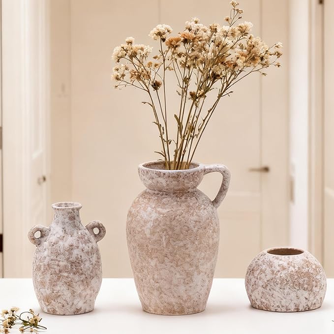 Stone Vase Home Table Decor, Beige Ceramic Stone Modern Rustic Farmhouse Vase Set of 3 Centerpiece for Shelf Bedroom Bathroom Desk
