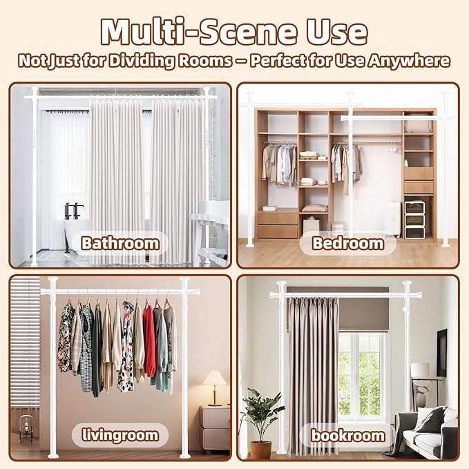 Room Divider, Tension Curtain Rod No Drilling,4-10ft(H) 28-70inch(W) Wall Divider for Room Separation, Heavy Duty Room Partition Separator, Adjustable Folding Privacy Screens,White