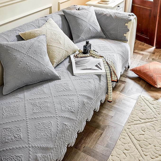 vctops Neutral Cotton Quilted Couch Sofa Cover Floral Embroidery Non-Slip Sectional Couch Covers Soft Cozy Sofa Slipcover for Dogs Cats Pet Armrest Backrest Cover (Grey,43"x43")