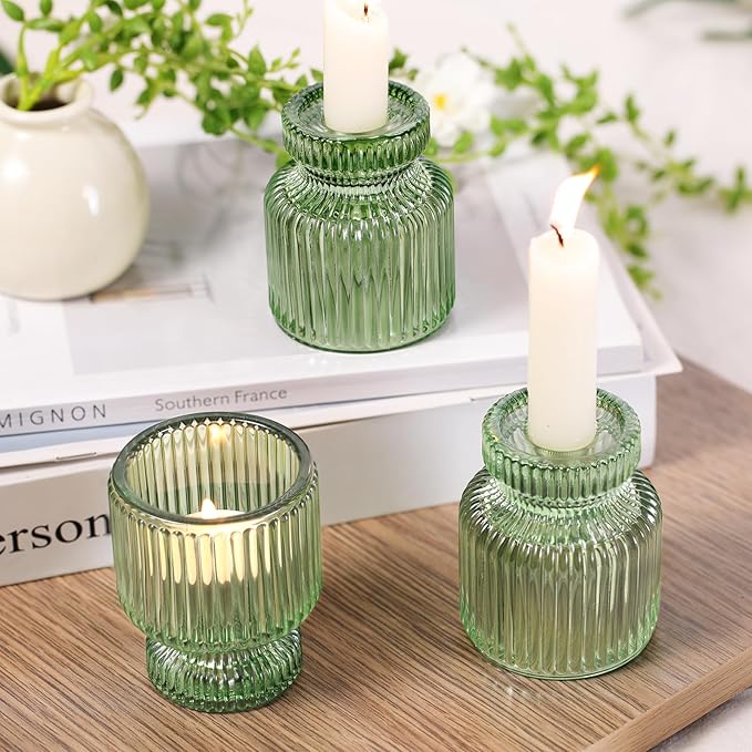 DARJEN 6 Pcs Green Candlestick Holders - Glass Taper Candle Holders Tealight Votive Candle Holders for Table Centerpieces, Wedding, Dinner Party, Home, Gifts