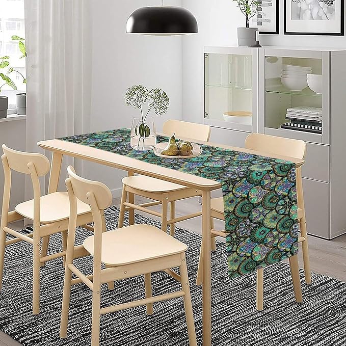 YCness Bohemian Mandala Flower Table Runner Boho Abstract Flowers Art Printed Green Table Runner Home Kitchen Dining Party Holiday Table, 13x36 Inch