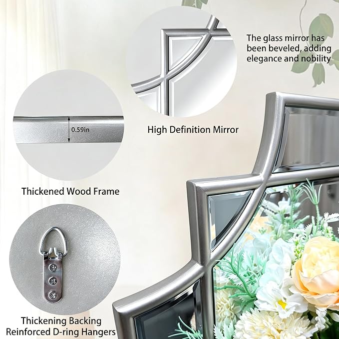 Geometric Beveled Mirror, 48" x 31.6" Silver Art Deco Mirror with Silver Wood Frame, Large Rectangle Accent Wall Mirror for Entryway Bathroom Living Room Bedroom, Horizontal/Vertical Hanging