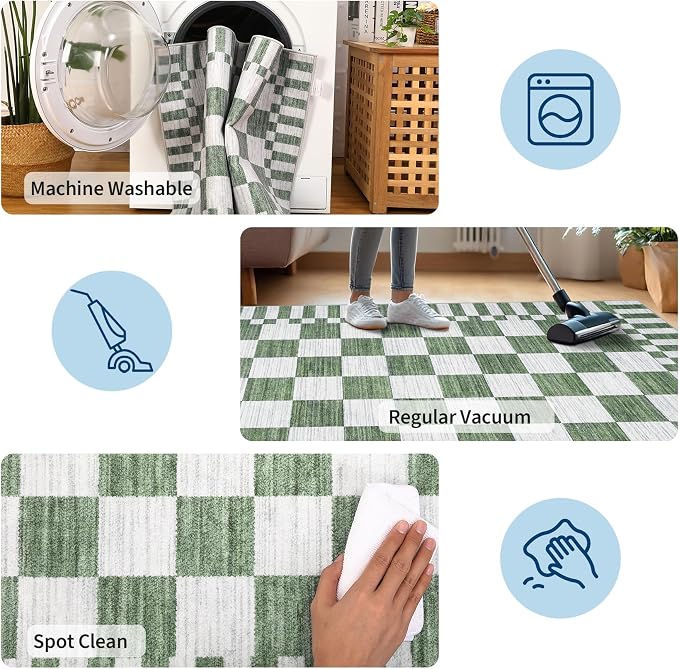 GarveeHome Sage Green Checkered Rug 5×7 Area Rugs for Living Room，Non-Slip Washable Rug Soft Low-Pile, Modern Farmhouse Geometric Rugs for Bedroom Dining Room