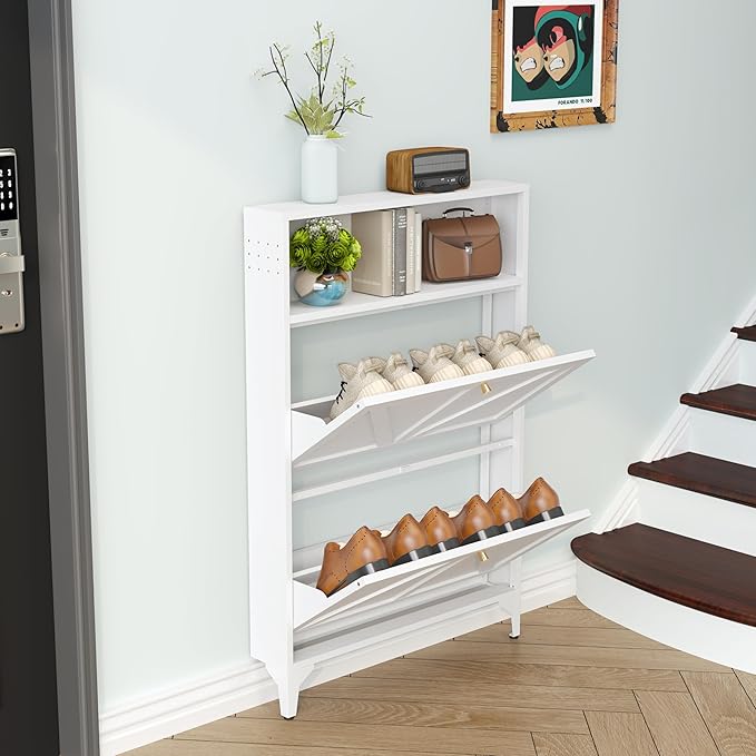 Farmhouse Shoe Storage Cabinet with 2 Flip Drawers, Slim Shoe Cabinets and Barn Door Design, Modern Hidden Slim Narrow Shoe Rack Cabinet for Foyer, Front Door,Living Room,Hallway, White