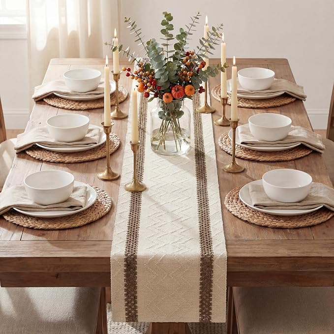 Artoid Mode Light Coffee Stripe Woven Table Runner, Seasonal Holiday Hollow Kitchen Dining Table Decoration for Home Party Decor 12x72 Inch