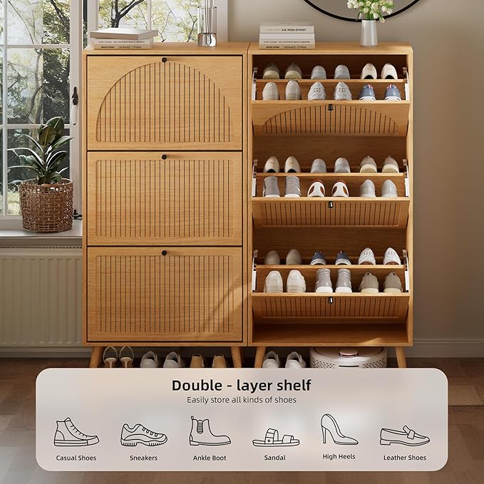 Fsbecl Shoe Storage Cabinet for Entryway with 3 Flip Drawers, Narrow Shoe Organizer with Fluted Panel, Freestanding Wood Hidden Shoe Cabinet for Hallway (Wood Color, 23.6''W, Double Layer)