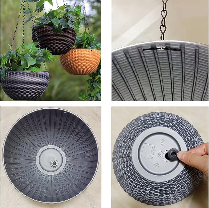 Hanging Basket Plastic Flower Pot Round Resin Garden Hanging Planter for Indoor Outdoor Plants 2 Pack Grey