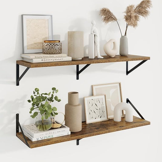 Axeman Deep Floating Shelves | 36 Inch Brown Wall Shelves Set of 2 | 10 Inch Deep Wood Floating Shelves for Wall | 36" W x 10" D Rustic Brown Shelves for Living Room Bathroom Kitchen