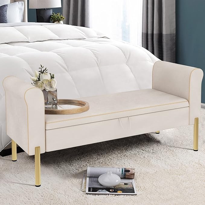Alunaune Upholstered Storage Bench for Bedroom End of Bench Ottoman, Modern Armed Entryway Bench Settee Long Bedroom Bench Couch for Living Room-Beige
