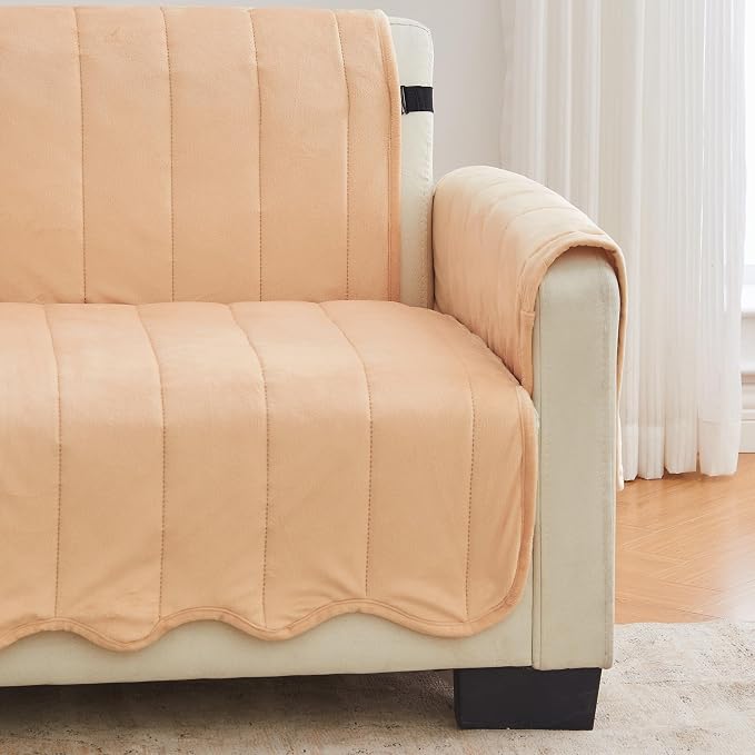 Great Bay Home Velvet Chair Cover - Washable Slipcover Furniture Protector with Elastic Straps - Furniture Cover for Dogs, Kids, and Pets - Stitched Detail (Peach)