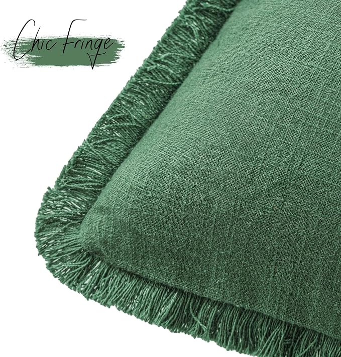 Foindtower Set of 2 Decorative Linen Fringe Throw Pillow Covers Cozy Boho Farmhouse Cushion Cover with Tassels Soft Accent Pillowcase for Couch Sofa Bed Living Room Home Decor, 20×20 Inch, Pine Green