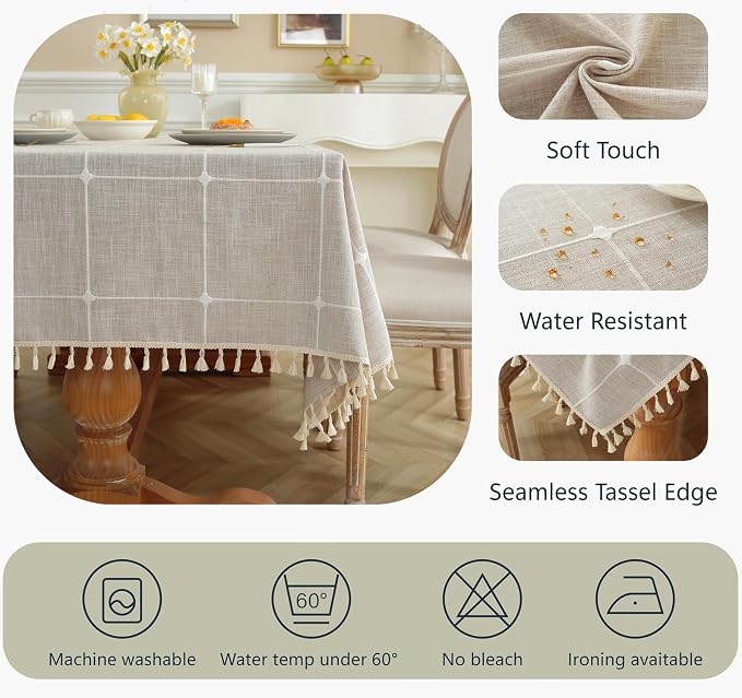 Alsoo Waterproof Tablecloths for Rectangle Tables Rustic Plaid Tablecloth Cotton Linen Cloth Wrinkle Free Table Cloths for Parties, Kitchen Dining, Holiday, Christmas (8-10 Seats, 55"x106")